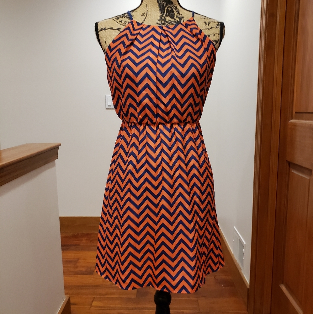 Halter chevron dress in navy & salmon
